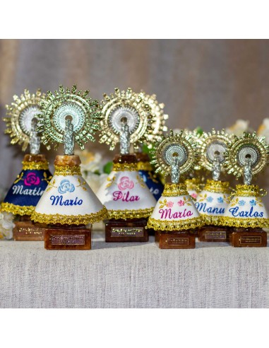 Virgen 12cms,manto nombre azul.