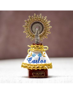 Virgen 12cms,manto nombre azul.