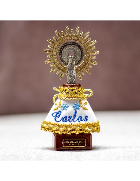 Virgen 12cms,manto nombre azul.