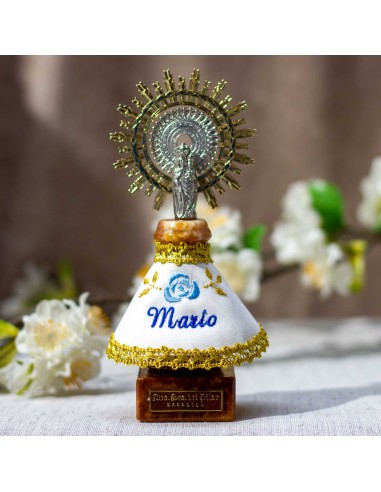 Virgen 15,5cms manto blanco y azul.
