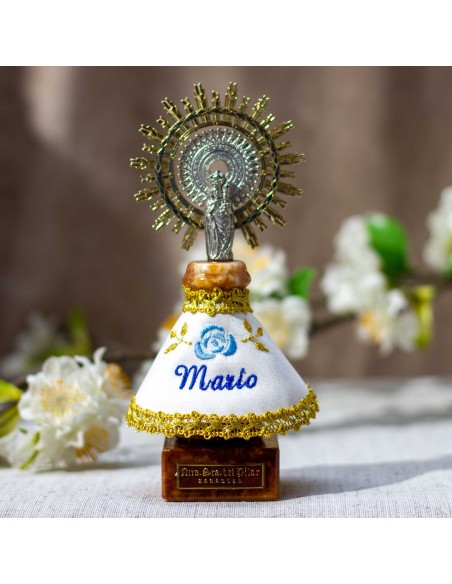 Virgen 15,5cms manto blanco y azul.